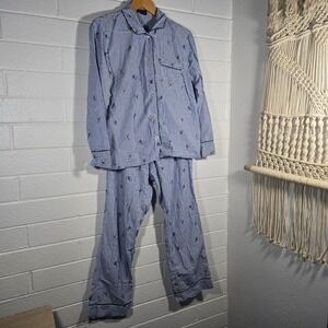 J.Crew Pajama Set Large Blue White Striped Skiing Novelty Print Cotton Cabin